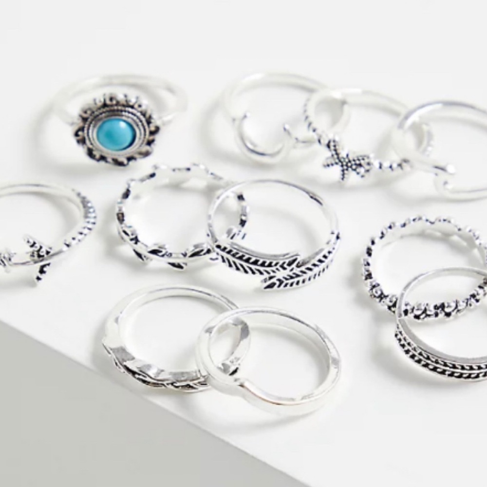 🆕 Silver-Tone Faux Turquoise Ring Set of 11